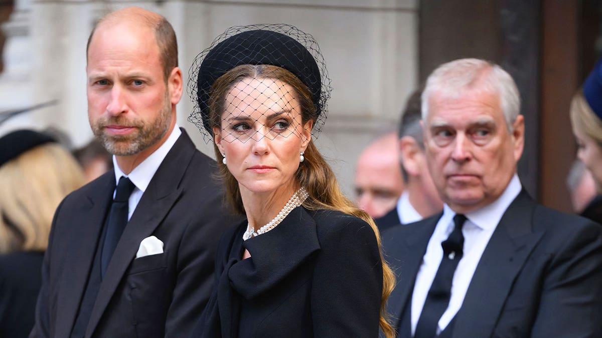 Prince William, Kate Middleton and Prince Andrew looking serious and stern outside a church.