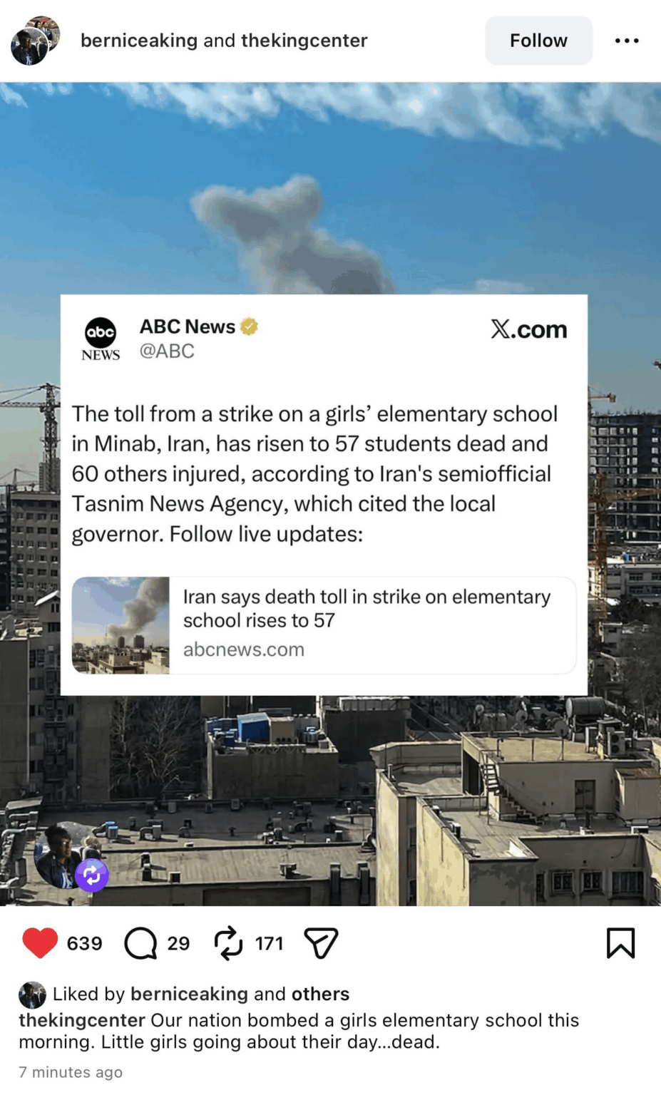 Bernice King and The King Center: “Our nation bombed a girls’ elementary school this morning. Little girls going about their day… dead.”