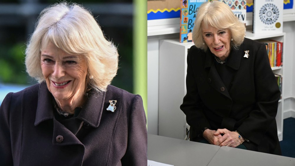 Queen Camilla wears her Van Cleef & Arpel 'Lucky Animals' brooch at the opening of a library at Christ Church Primary School to help mark the "National Year of Reading" on Feb. 4, 2026 in London.