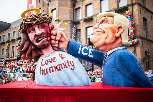 Düsseldorf's Rose Monday Parade had a several floats mocking Trump including one of him punching Jesus, cozying up with Putin, and dancing pantless with a gagged Statue of Liberty.