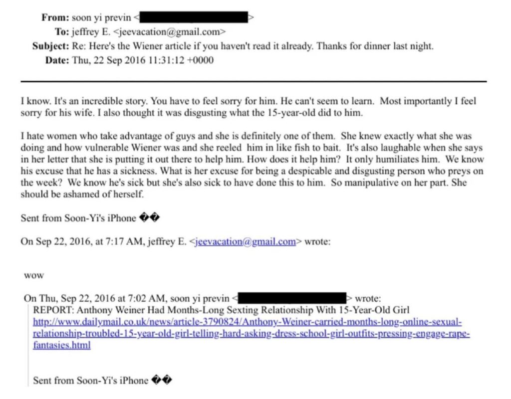 Soon-Yi Previn (Woody Allen’s wife), emails Jeffrey Epstein about Anthony Weiner sexting a 15-year-old, stating minor is “a despicable and disgusting person who preys on the weak”