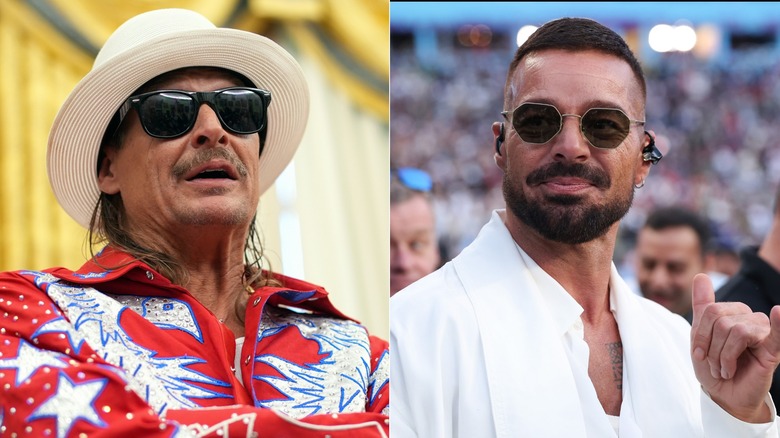 Two photos. One of Kid Rock in the Oval Office. The other of Ricky Martin at the Super Bowl.