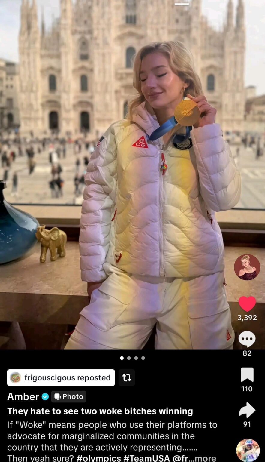 USA figure skater and Olympic Gold medalist Amber Glenn with the best social media post of the day: 'They hate to see two woke bitches winning' (she refers to fellow skater and gold medalist Alyssa Liu)