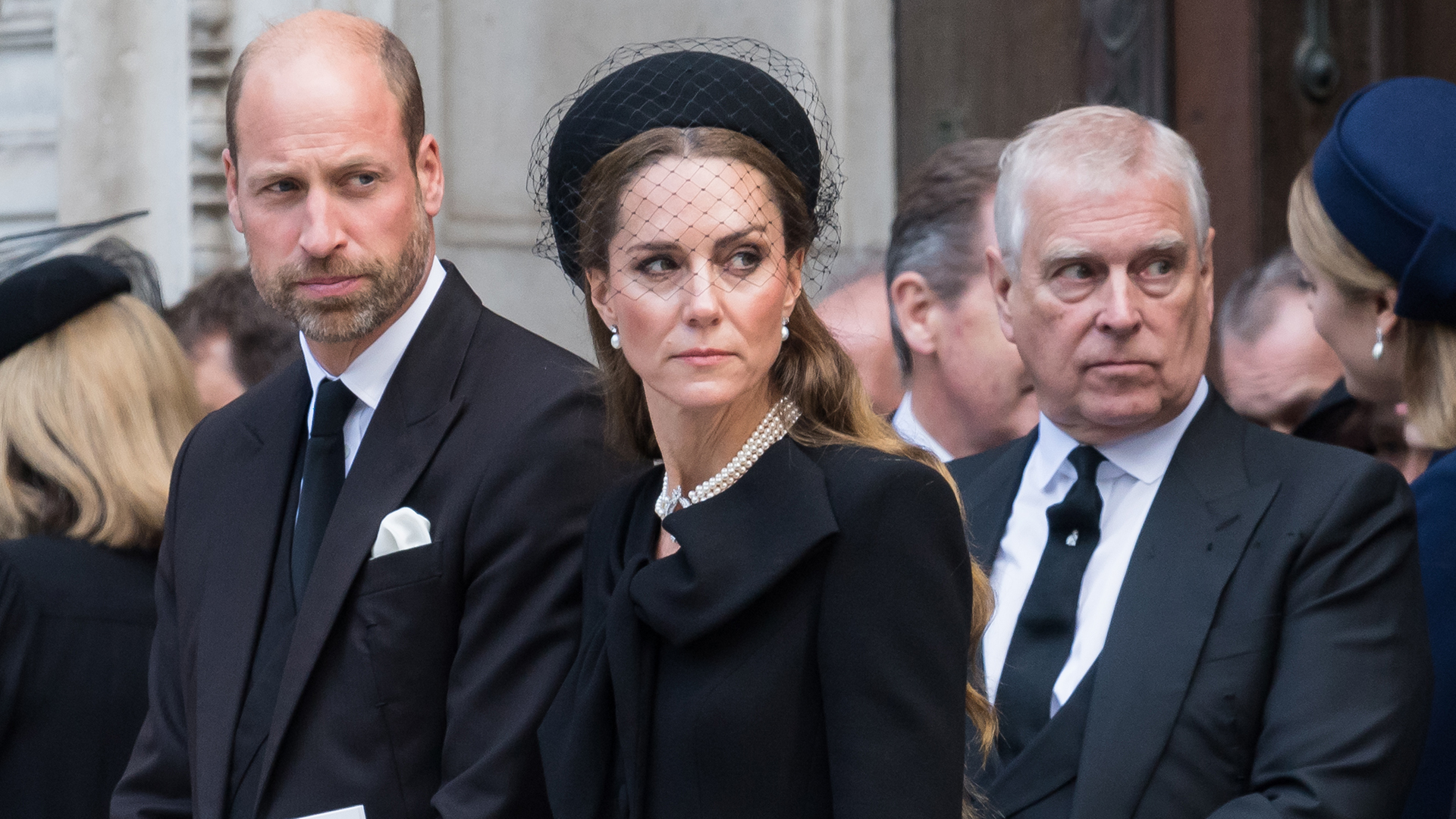 LONDON, UNITED KINGDOM - SEPTEMBER 16, 2025: William, Prince of Wales, Catherine, Princess of Wales and Prince Andrew, Duke of York attend Requiem Mass service at Westminster Cathedral for the Duchess of Kent who died aged 92 earlier this month in London, United Kingdom on September 16, 2025. The service was the first Catholic funeral held for a member of the Royal Family in modern British history. (Photo credit should read Wiktor Szymanowicz/Future Publishing via Getty Images)