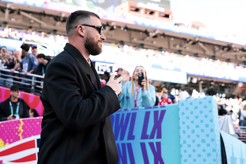 SANTA CLARA, CALIFORNIA - FEBRUARY 08: Travis Kelce #87 of the Kansas City Chiefs walks on the field...