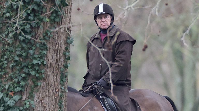 Andrew Mountbatten-Windsor rides a horse in Windsor Great Park. Pic: Reuters