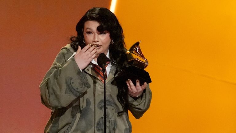Lola Young accepts the award for best pop solo performance for Messy at the Grammys. Pic: AP/Chris Pizzello