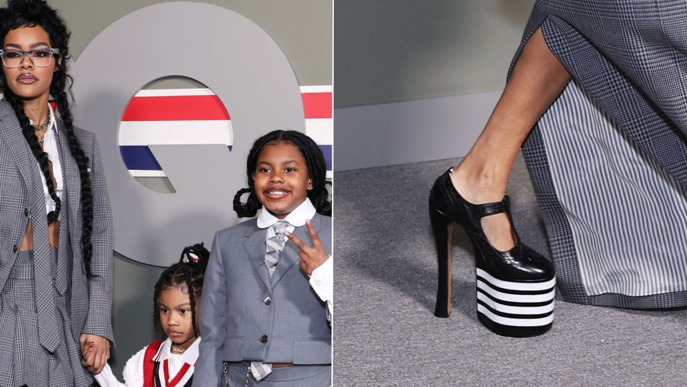 Teyana Taylor, wearing Thom Browne's Striped Platform Spectator shoes, and her children, coordinate in gray uniform looks at the designer's fall 2026 show on Friday.