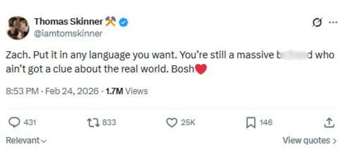 Thomas Skinner hit out at Zack Polanski over the Green Party's campaign video