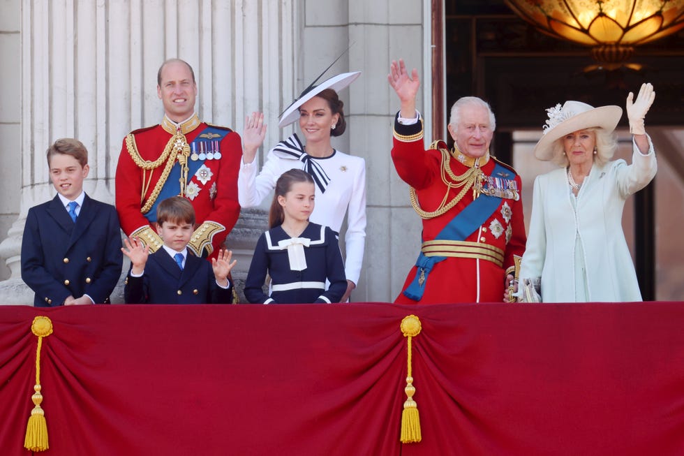 london, england june 15: prince george of wales, prince william, prince of wales, prince louis of wales, princess charlotte of wales, catherine, princess of wales, king charles iii and queen camilla during trooping the colour at buckingham palace on june 15, 2024 in london, england. trooping the colour is a ceremonial parade celebrating the official birthday of the british monarch. the event features over 1,400 soldiers and officers, accompanied by 200 horses. more than 400 musicians from ten different bands and corps of drums march and perform in perfect harmony. (photo by chris jackson/getty images)