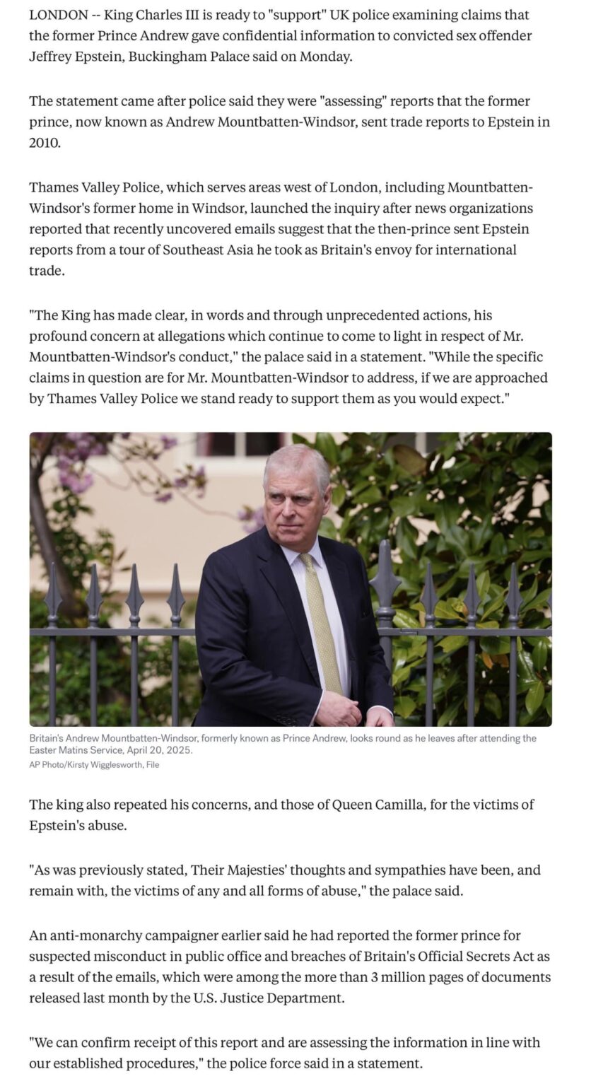 Palace says King Charles III will support police assessing former Prince Andrew's Epstein links