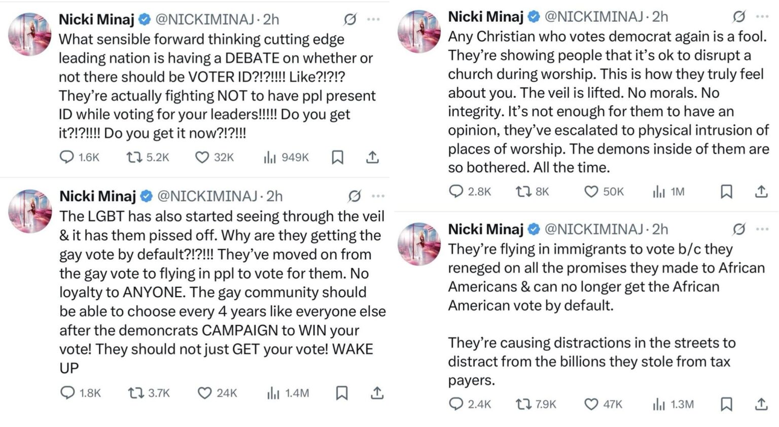 Nicki Minaj voiced her support for racist voter ID laws, spread the MAGA conspiracy that immigrants are being flown in to vote, and said democrats have demons inside them.