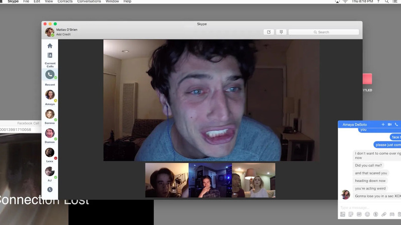 Matias crying on a video call with his friends AJ, Damon, Serena, and Nari in 