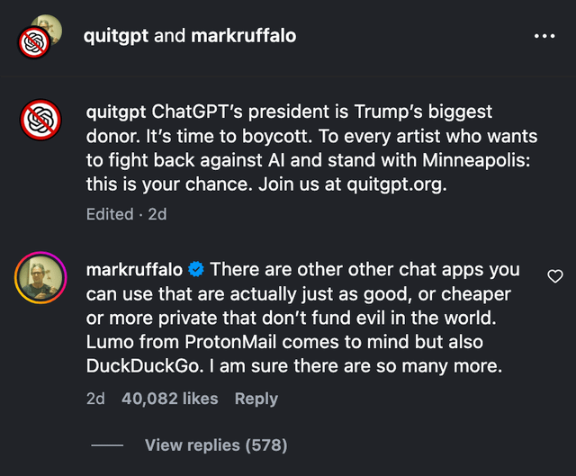 Mark Ruffalo joins quitgpt for a post to boycott ChatGPT