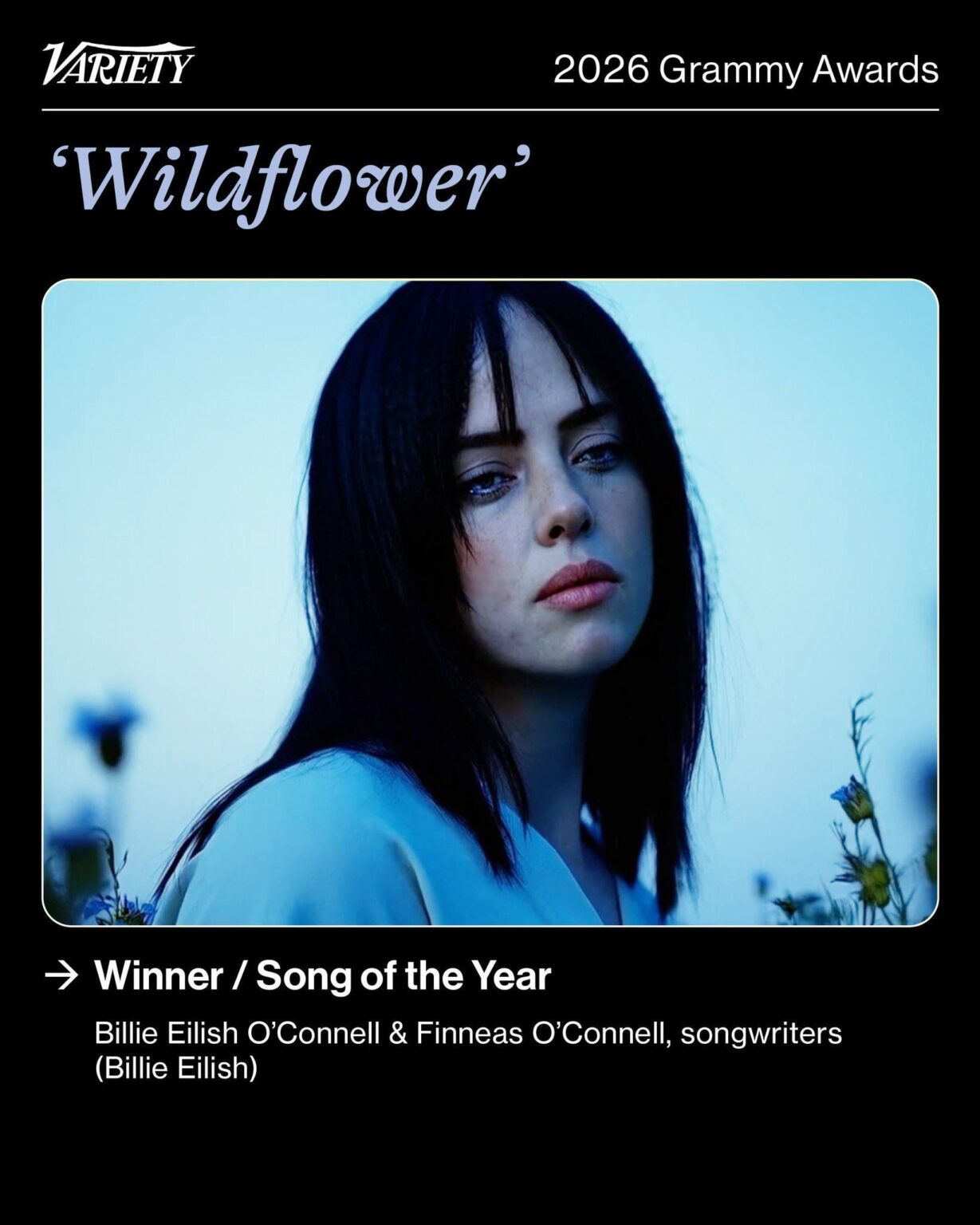 Billie Eilish wins the Grammy Award for Song of the Year for ‘Wildflower’ at the 2026 Grammys