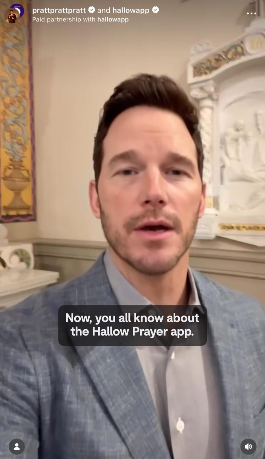 Chris Pratt promoting the Hallow App on his IG. You might remember Gwen Stefani was called out last year for her partnership with this anti-abortion prayer app funded by Peter Thiel.