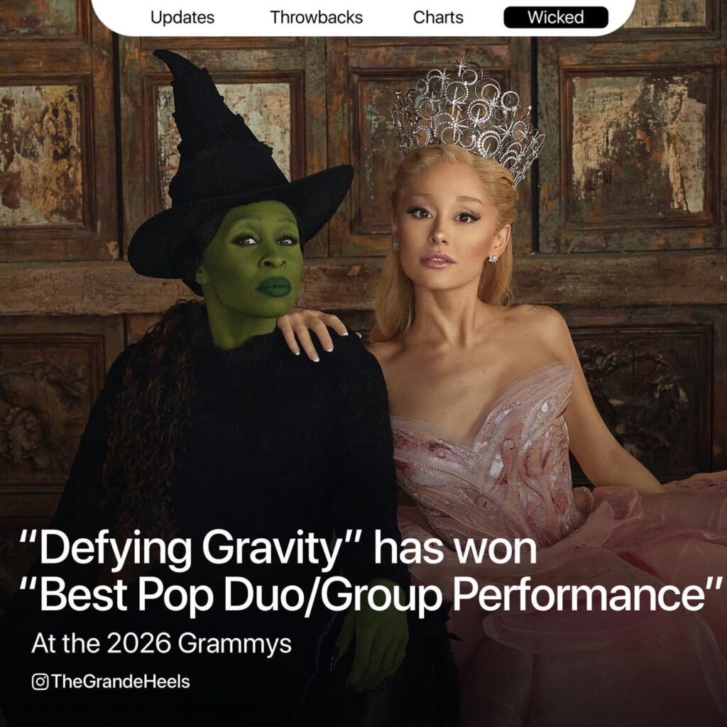 Ariana Grande and Cynthia Erivo win “Best Pop Duo/Group Performance” for “Defying Gravity” at the 2026 Grammy Awards