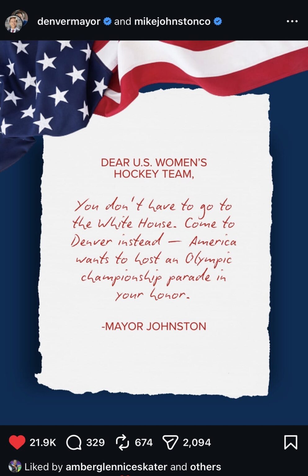 Mayor of Denver Mike Johnson: "Dear U.S. Women's Hockey Team, You don't have to go to the White House. Come to Denver instead - America wants to host an Olympic Championship parade in your honor"
