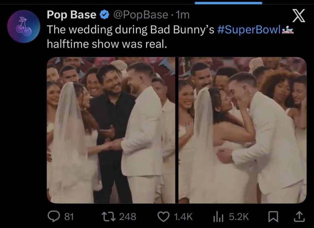 The wedding during Bad Bunny’s Super Bowl halftime show was real.