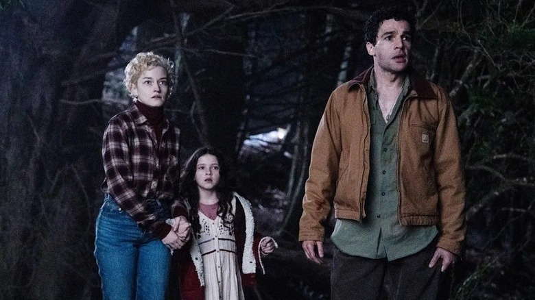 Julia Garner, Matilda Firth, and Christopher Abbott as Charlotte, Ginger, and Blake Lovell in Wolf Man