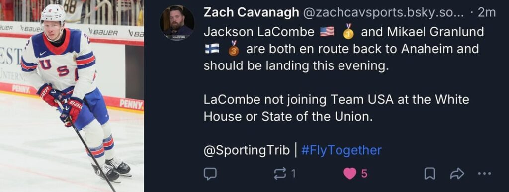 The 5 members of the Men's Team USA Hockey team that are confirmed to be skipping Trump's State of the Union invite: Brock Nelson, Jake Oettinger, Jake Guentzel, Kyle Connor and Jackson LaCombe