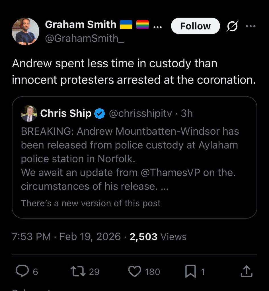 Andrew spent less time in custody than innocent protesters arrested at the coronation
