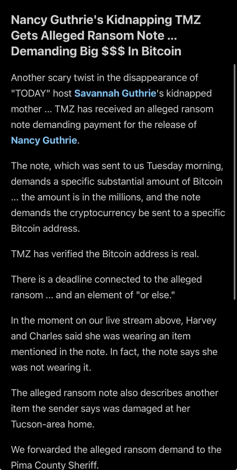 Alleged Ransom Note for Nancy Guthrie Kidnapping Demands Millions in Bitcoin