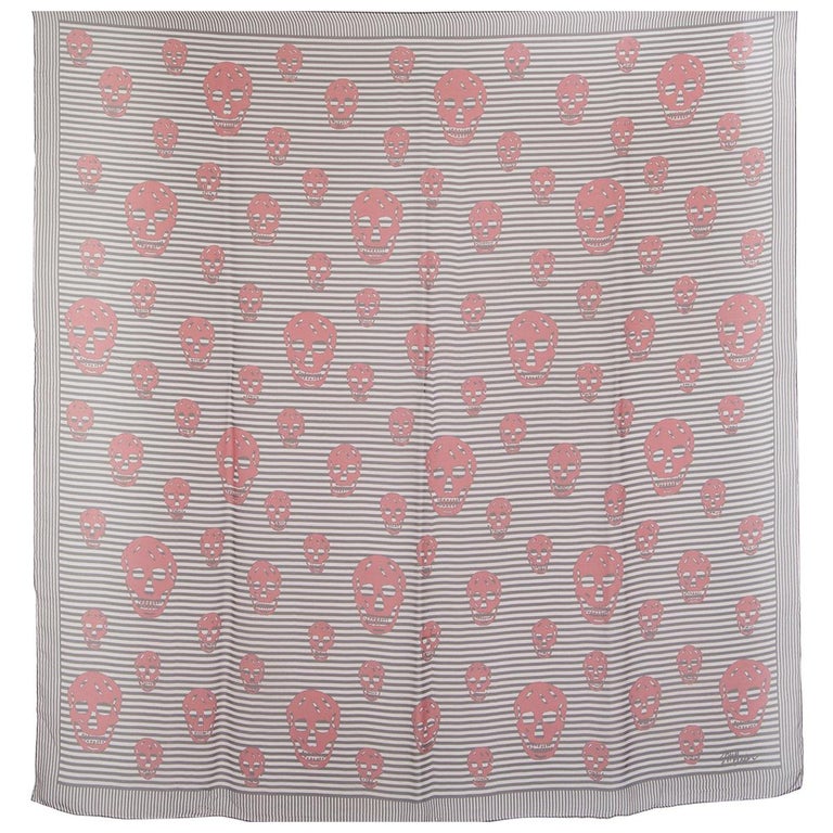 Alexander Mcqueen Black &amp; White Silk Chiffon Striped Red Skull Scarf