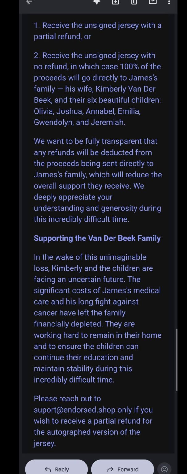 After James Van Der Beek’s death, fans who previously purchased jerseys with the option to have them signed are now being guilted over whether to request a refund