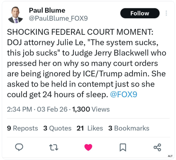 Asst US Attorney in Minneapolis Crashes Out In Court "This Job Sucks" - Asks to be held in contempt for 24 hours so she can get some sleep