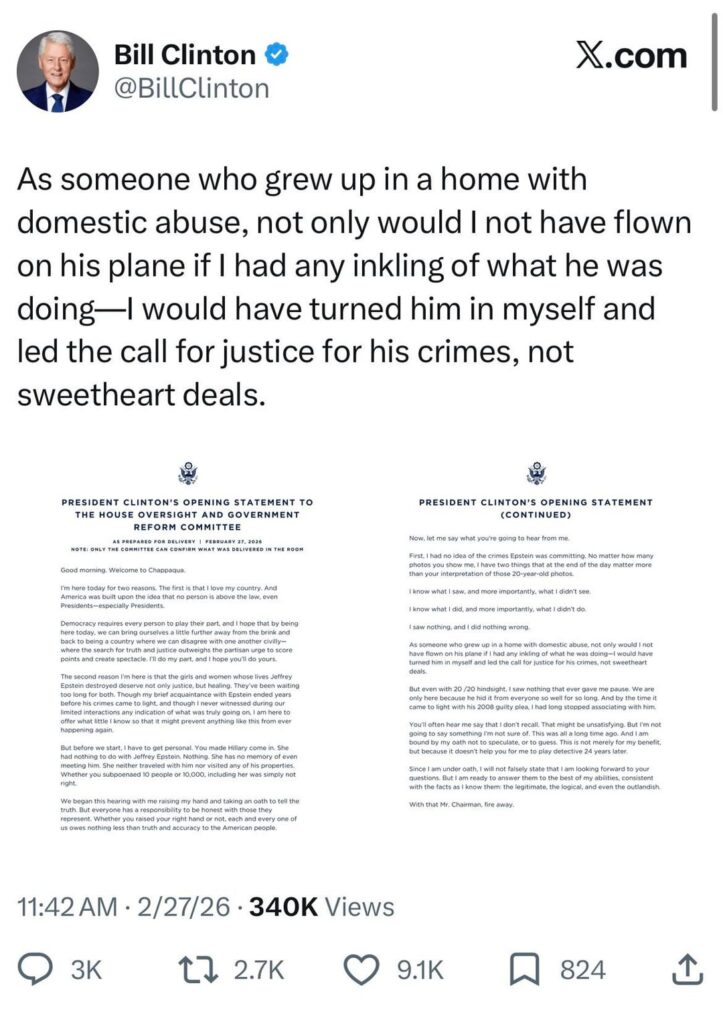 Bill Clinton Opening Statement, ahead of his deposition to the House Oversight Committee today, in regards to his relationship with Jefferey Epstein