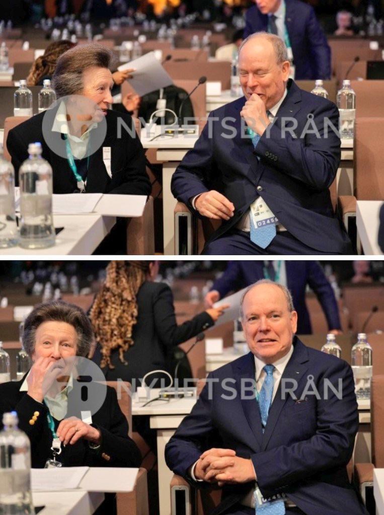 Princess Anne and Prince Albert of Monaco chatting today at the 145th IOC Session in Milan
