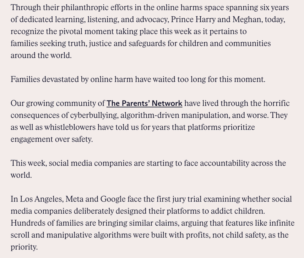 Harry and Meghan release new statement praising new social media age restrictions and age verification laws, 'More countries step up to protect their children'