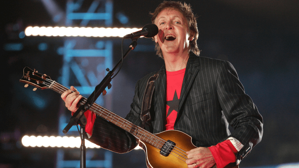 Musician Paul McCartney performs on stage during the{ }Super Bowl{ }XXXIX halftime show between the Philadelphia Eagles and New England Patriots at Alltel Stadium on February 6, 2005 in Jacksonville, Florida.  (Photo by Frank Micelotta/Getty Images)