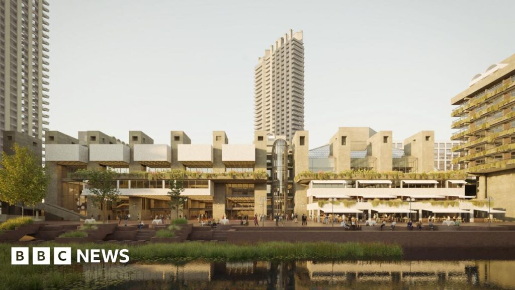 Barbican's £231m revamp plans given the go-ahead – BBC An artist's impression of an internal public area, with red carpets and elements of the building's concrete structure visible.