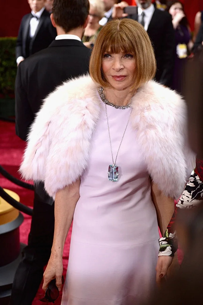 Person on the red carpet wearing a chic fur stole over an elegant, sleeveless dress, accessorized with a statement necklace