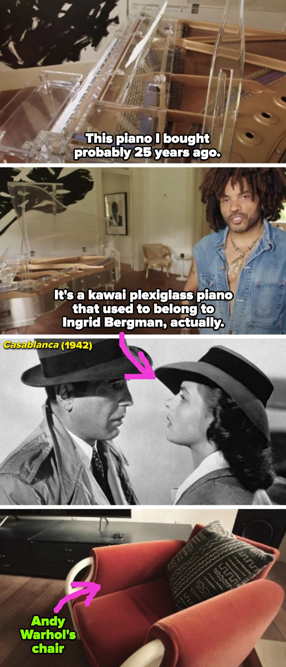 Kravitz's piano that once belonged to Ingrid Bergman; Kravitz's chair that once belonged to Andy Warhol