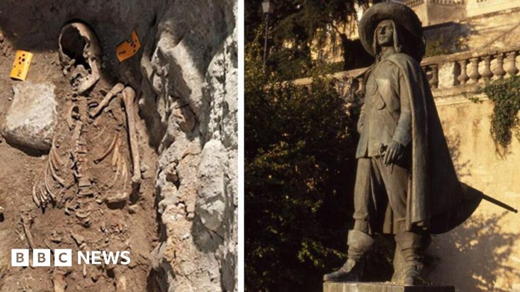 Two images showing bones on the left and a statue on the right