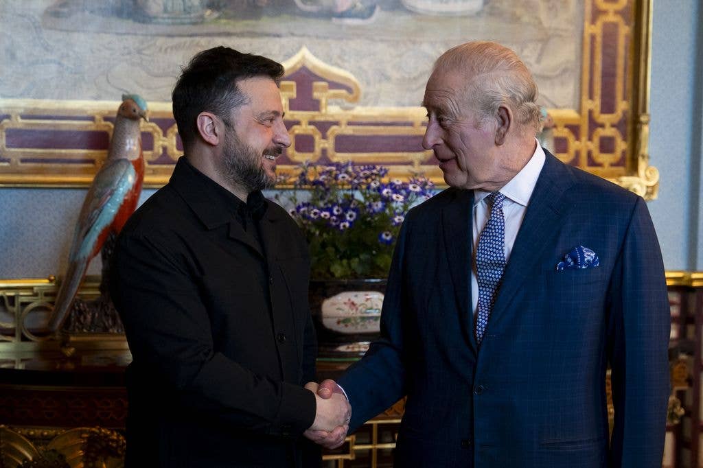 King Charles III (R) meets with President Volodymyr Zelensky Of Ukraine at Buckingham Palace on March 17, 2026 in London, England