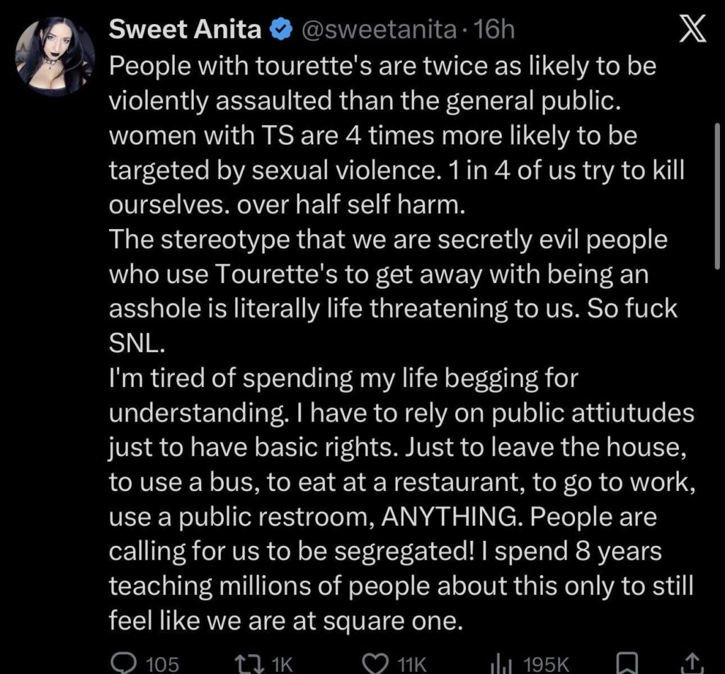 Famous streamer and Tourette’s advocate Sweet Anita has slammed SNL for a sketch that poked fun at the BAFTA incident with John Davidson