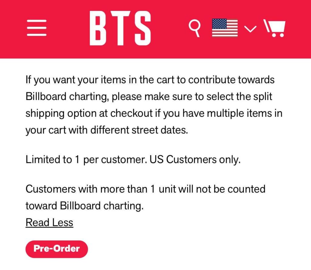 On BTS's American website, the description for each album version explains how to make an order so more copies will count toward the Billboard 200.