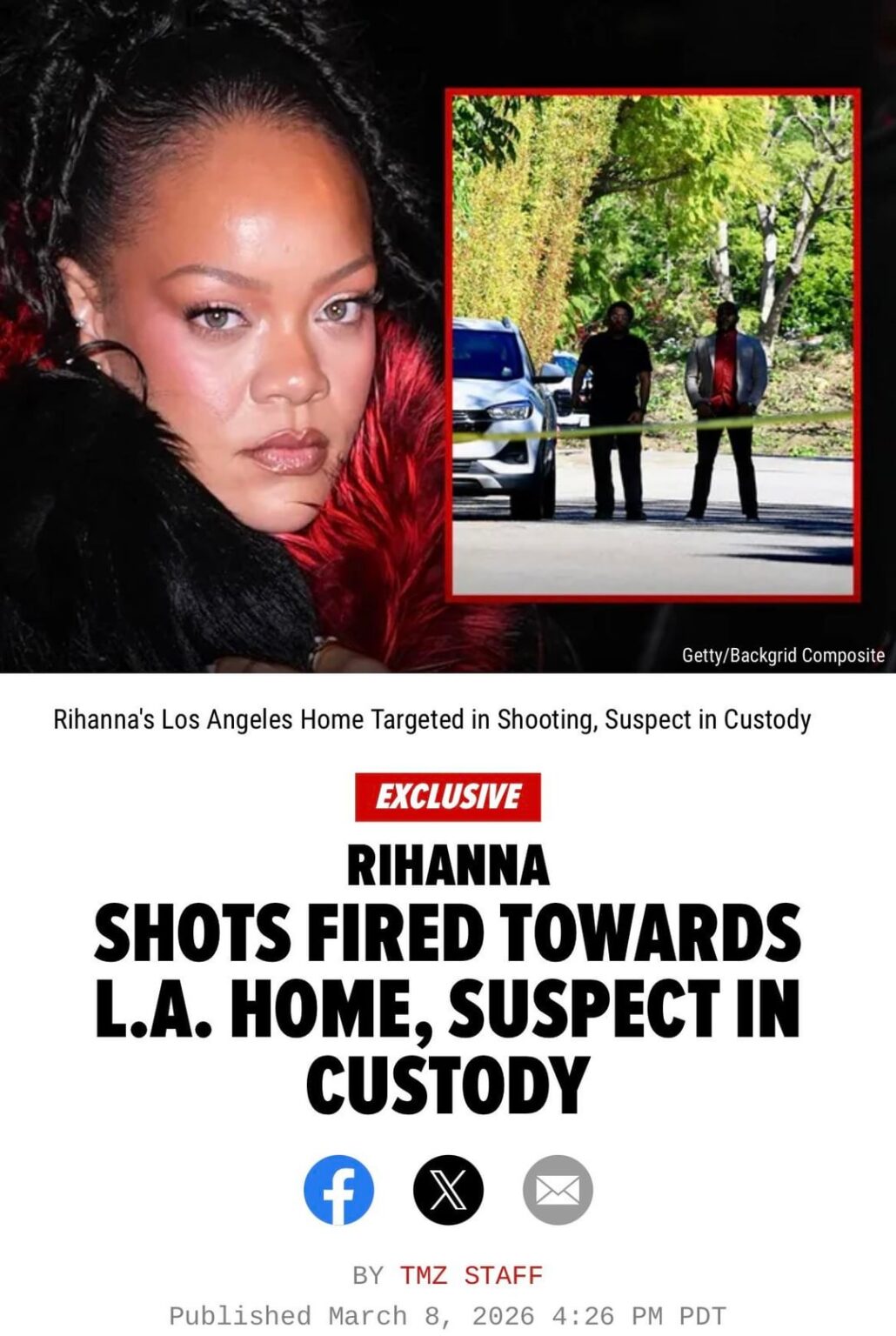 A woman was taken into custody Sunday afternoon after firing multiple rounds from her vehicle toward Rihanna's house. The singer was home at the time of the shooting but is okay.