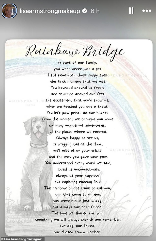 Ant has already collected his half of the ashes while Lisa, a makeup artist on Strictly, who posted the poem Rainbow Bridge in tribute to Hurley, will collect hers in the coming days