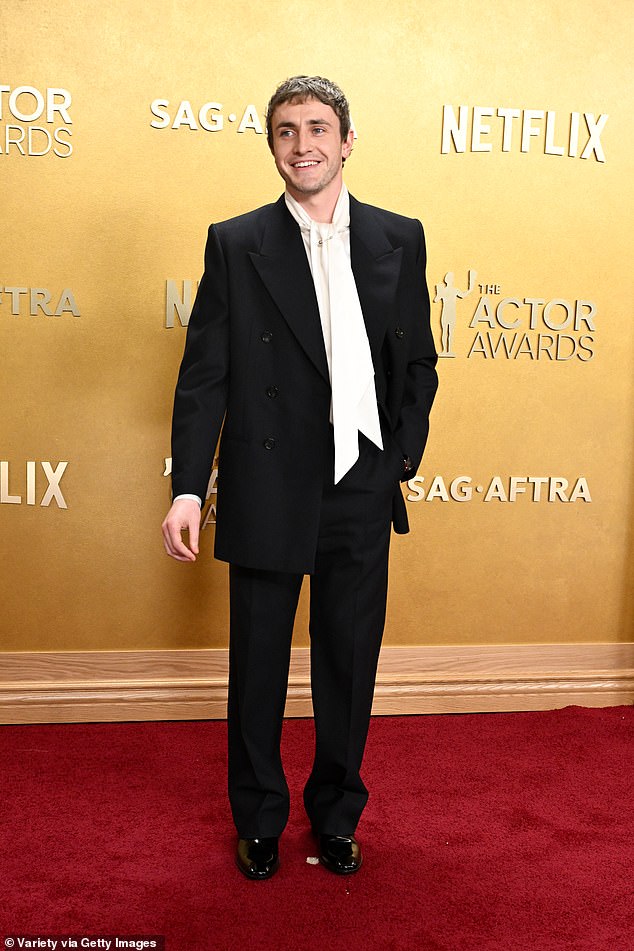 Paul Mescal showed off his signature style in an oversized double breasted blazer and tie shirt. The actor is up for Outstanding Performance by a Male Actor in a Supporting Role for Hamnet