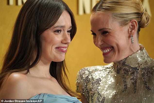 Meanwhile Leslie, 52, who played the role of Kate, dazzled in a silver sequinned gown which was embroidered with a floral design