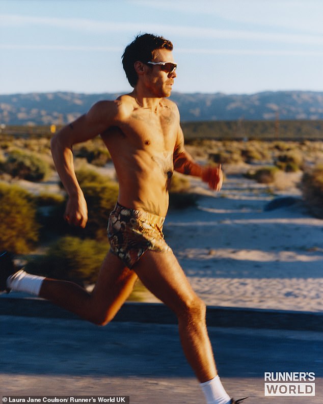 The hitmaker demonstrated his athleticism in the striking snaps, sprinting down a deserted mountain road, clad in only a pair of trainers and patterned running shorts
