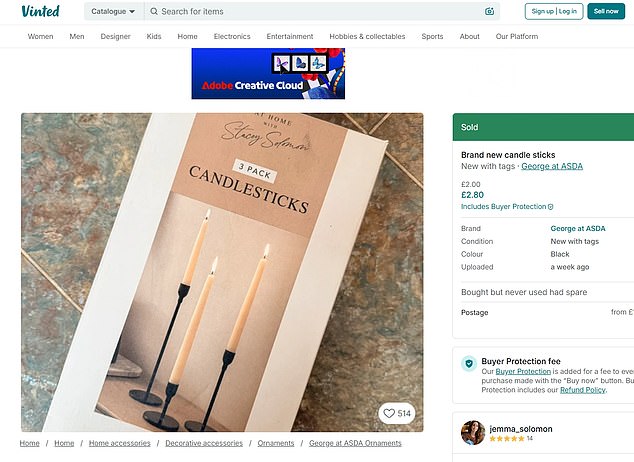 Among the items on Jemma’s Vinted page are several products from her sister’s At Home With Stacey Solomon collection for George at Asda, including a three-pack of candlesticks priced at £2 (retail price £14)