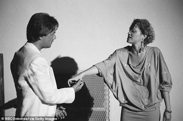 Robin Johnson is pictured with Don Johnson in a 1985 episode of Miami Vice