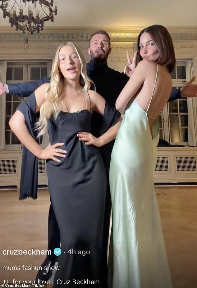 In one clip, David, 50, looked dapper in a black shirt and tie as he joined his daughter Harper, 14, and son Cruz's girlfriend Jackie, 30, lip-syncing to his son's newest track, For Your Love