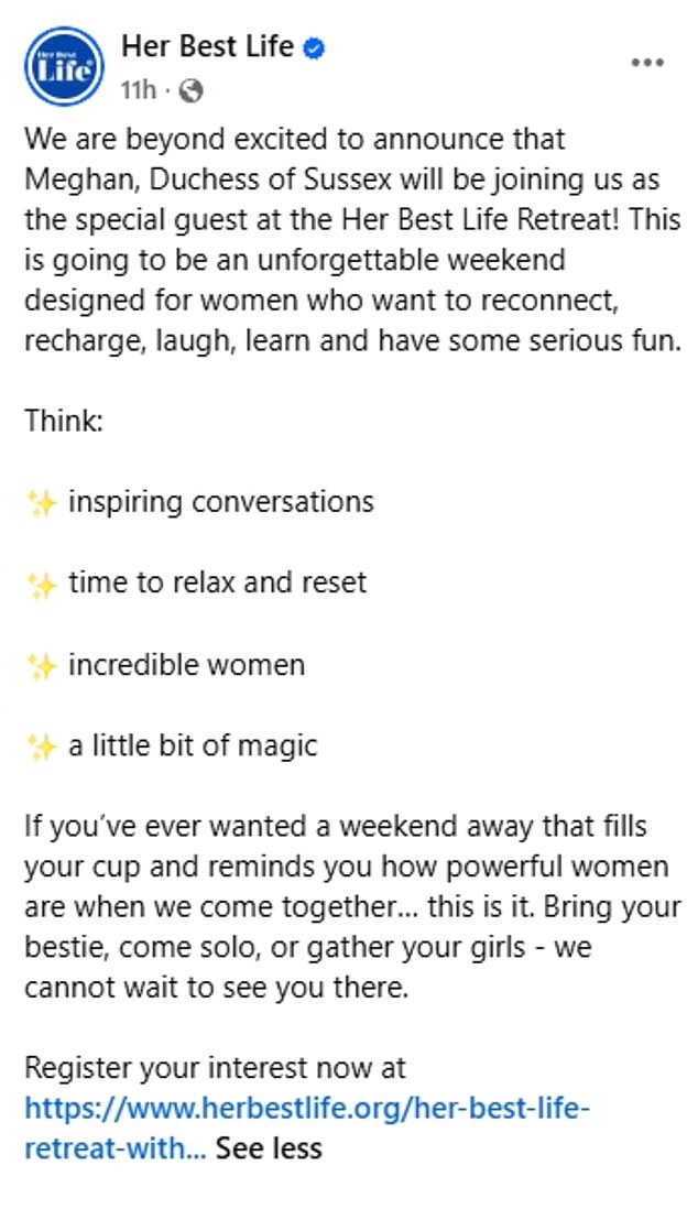 A post on social media from the retreat announcing that Meghan will be involved